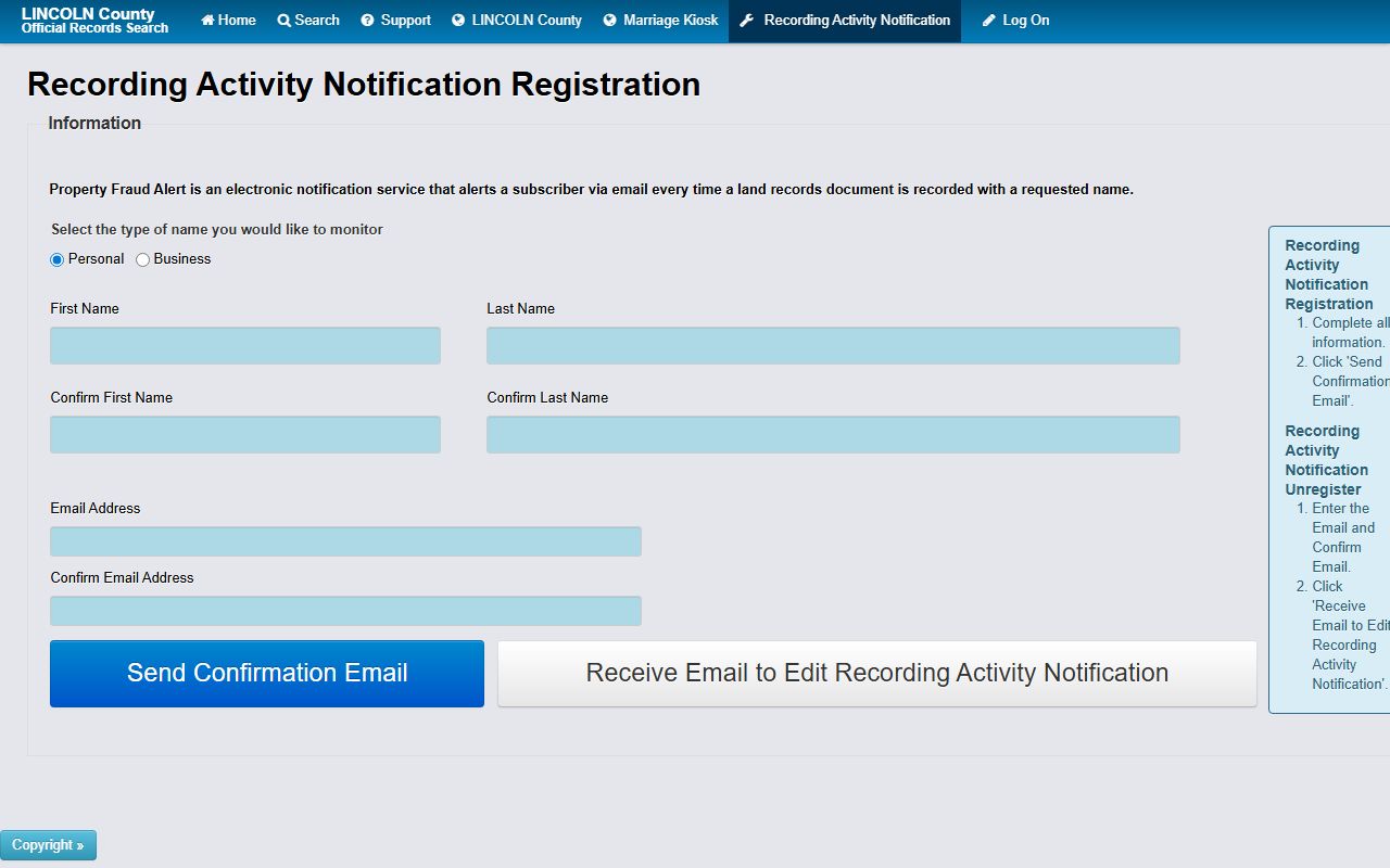 Lincoln County Clerk recording activity notification