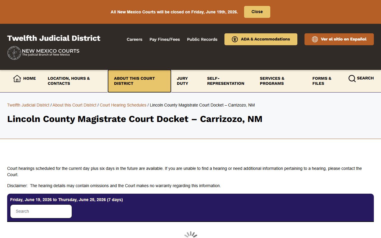 Lincoln County court dockets Carrizozo Magistrate Court docket page