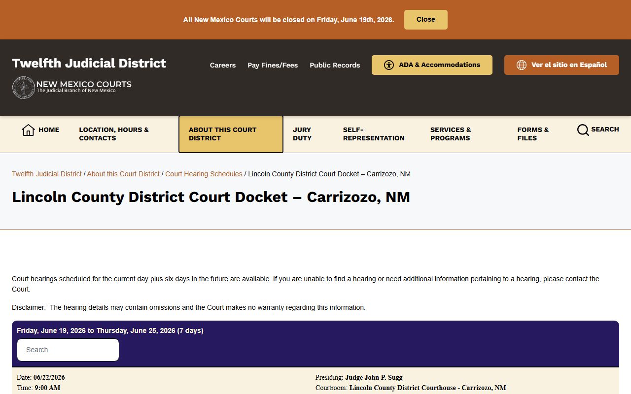 Lincoln County court dockets District Court docket page