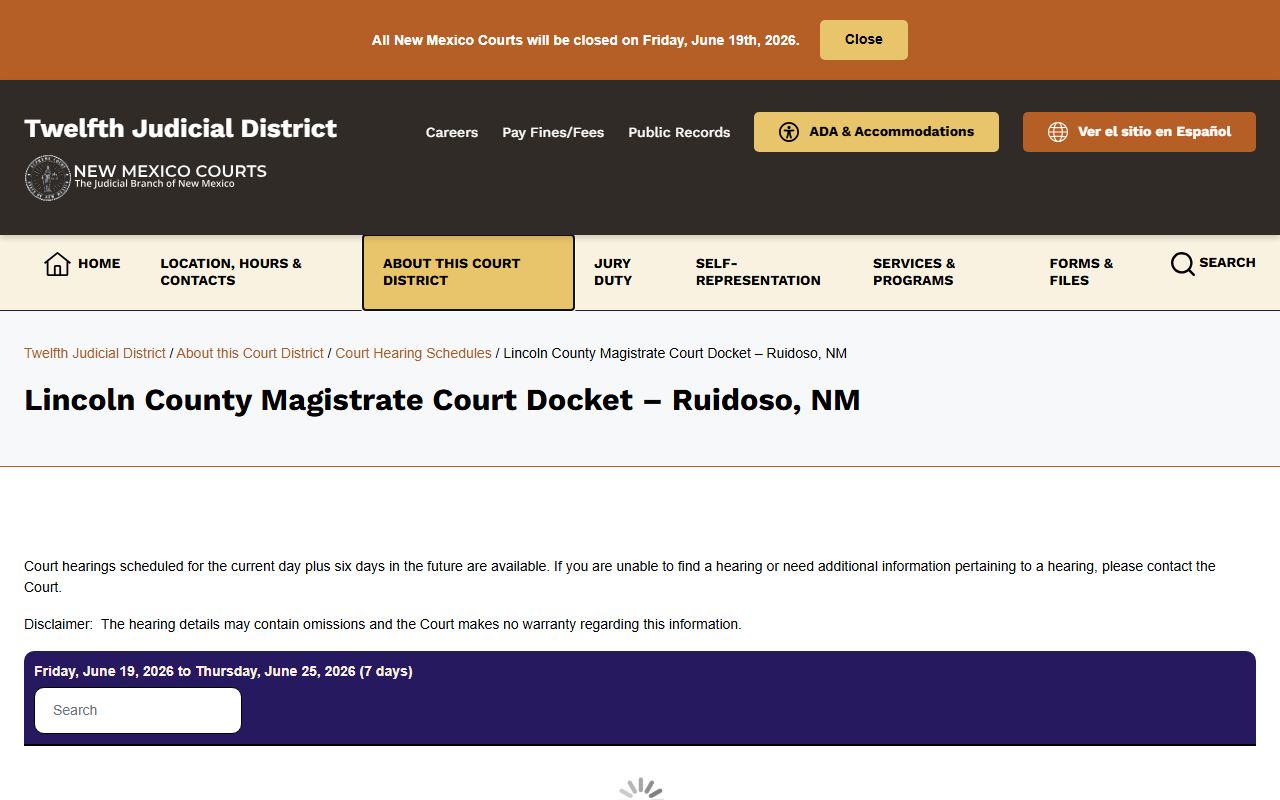 Lincoln County court dockets Ruidoso Magistrate Court docket page