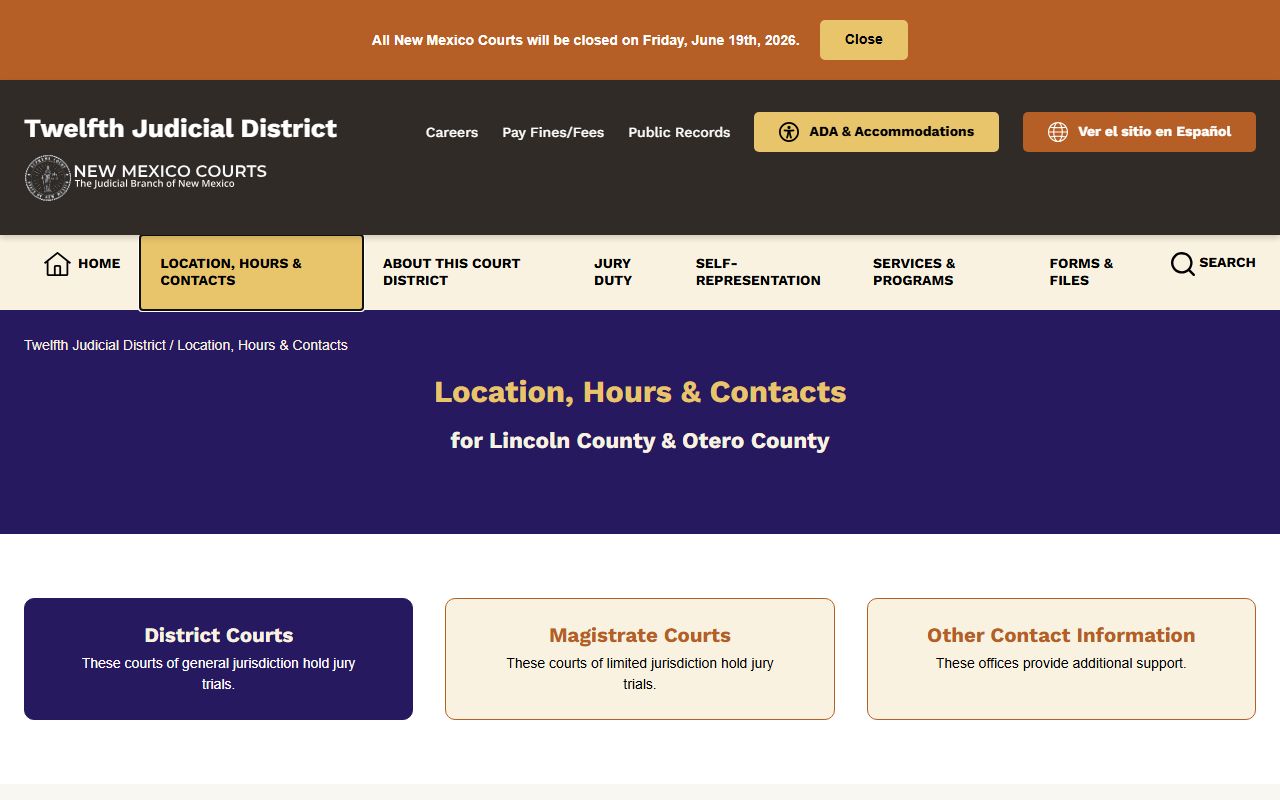 Lincoln County District Court records Twelfth District contacts